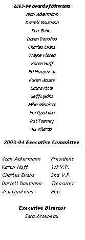 Text Box: 2003-04 Board of DirectorsJean AckermannDarrell BaumannRon BurkeDaren DonohooCharles EvansWayne FloreaKaren HuffEd HumphreyKaren JesseeLaura KitteJeff LykinsMike MinniearJim QuatmanPat ToomeyRJ Vilardo2003-04 Executive CommitteeJean Ackermann  	PresidentKaren Huff  	1st V.P.Charles Evans   	2nd V.P.Darrell Baumann  	TreasurerJim Quatman      	Rep.Executive DirectorSara Arseneau